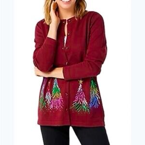Quacker Factory Button Front Cardigan Embroidered Sequin/Stud Christmas Trees